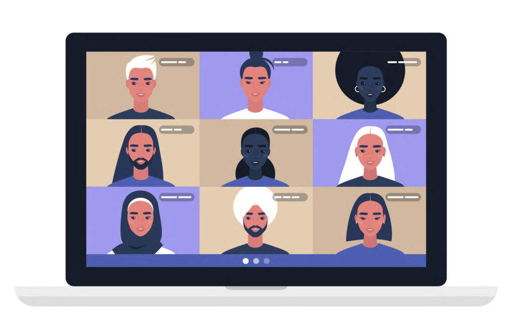 Illustrated cartoon people in a grid video call layout on a laptop scren
