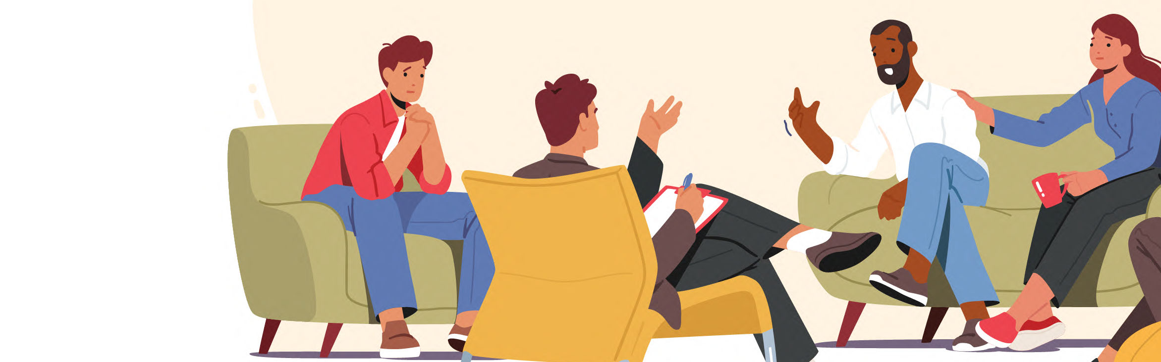 Illustrated picture of people sitting on couches talking with each other